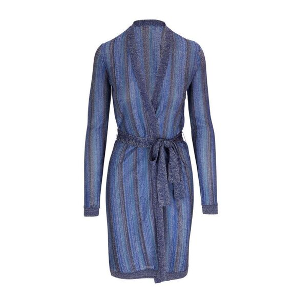 NWT L'Agence Knit Striped Tie Waist Berkeley Wrap Cardigan Blue Metallic Size XS - Picture 12 of 12